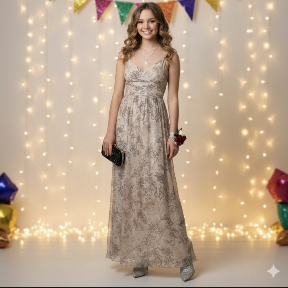 BCBGMAXAZRIA Evening Maxi Dress 0 Silk Floral Metallic Feminine Prom HOCO Party